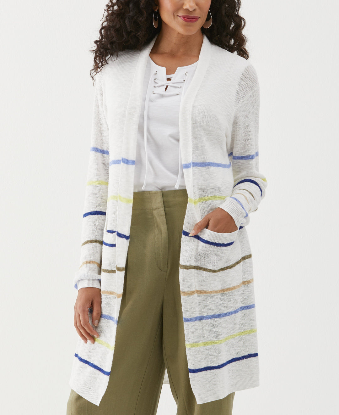 Ella by Rafaella Women s Organic Cotton Linen Blend Striped Duster Cardigan Sweater Top in Hydrangea Size XL Cotton Linen