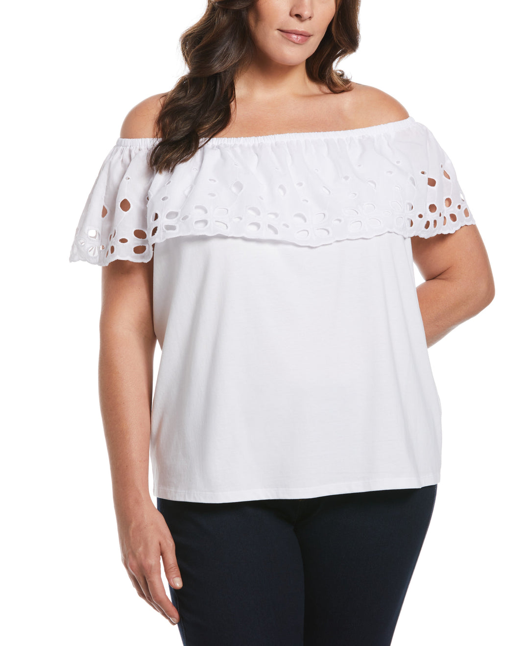 Ella by Rafaella Women s Plus Size Off The Shoulder Mixed Media Top in White Size 3X Solid 100 Cotton