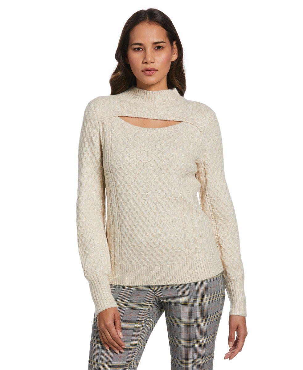 Women's Petite Cut-Out Cable Knit Sweater | Rafaella