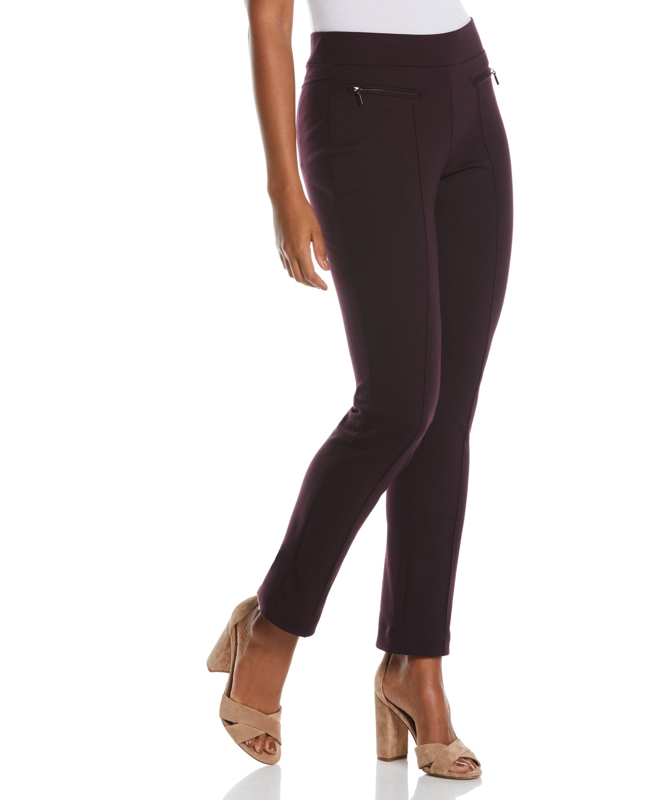 Ladies Ponte Pant with Faux Zipper Pockets-Charcoal Large